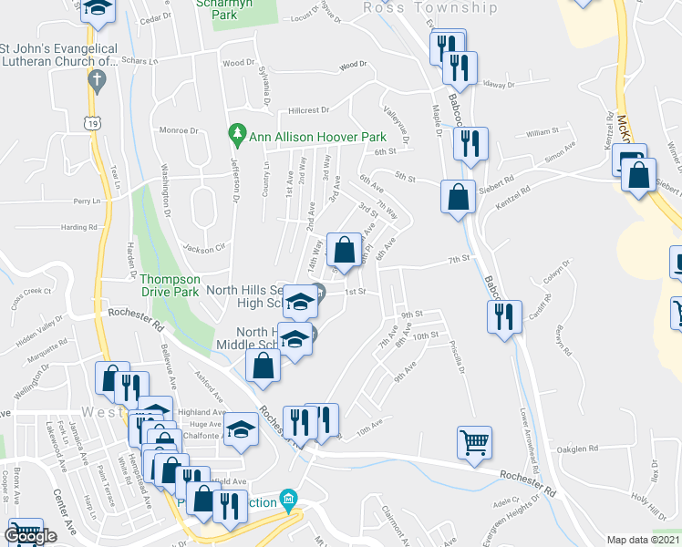 map of restaurants, bars, coffee shops, grocery stores, and more near 103 5th Avenue in West View