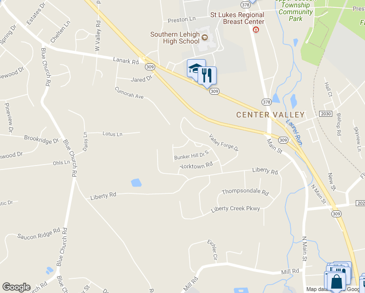 map of restaurants, bars, coffee shops, grocery stores, and more near 4137 Bunker Hill Drive North in Coopersburg