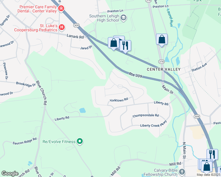 map of restaurants, bars, coffee shops, grocery stores, and more near 4171 Bunker Hill Drive North in Coopersburg
