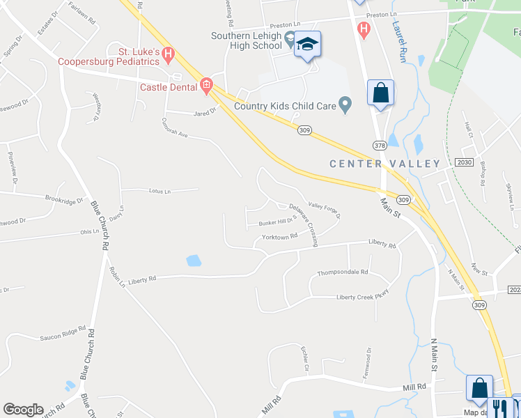 map of restaurants, bars, coffee shops, grocery stores, and more near 4161 Bunker Hill Drive North in Coopersburg