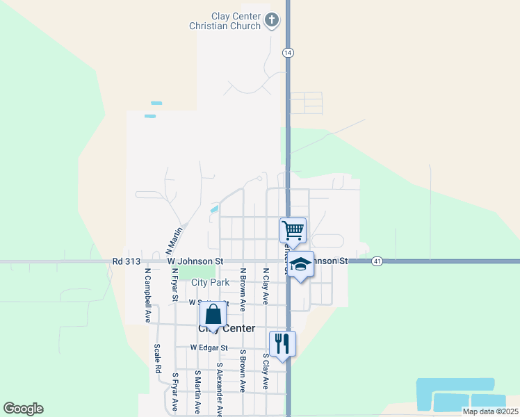 map of restaurants, bars, coffee shops, grocery stores, and more near 251-299 East Thurber Street in Clay Center