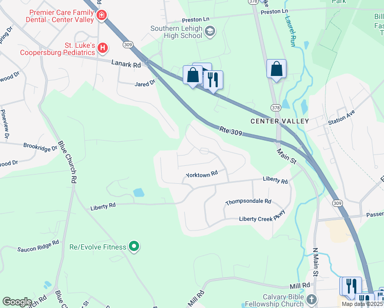 map of restaurants, bars, coffee shops, grocery stores, and more near 4153 Bunker Hill Drive North in Coopersburg