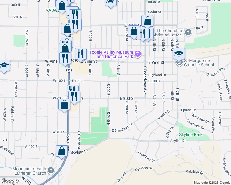 map of restaurants, bars, coffee shops, grocery stores, and more near 189 South 1st Street in Tooele