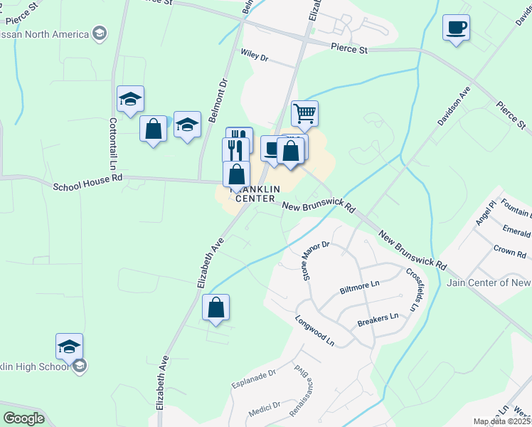 map of restaurants, bars, coffee shops, grocery stores, and more near 223 Merriewold Lane in Franklin Township