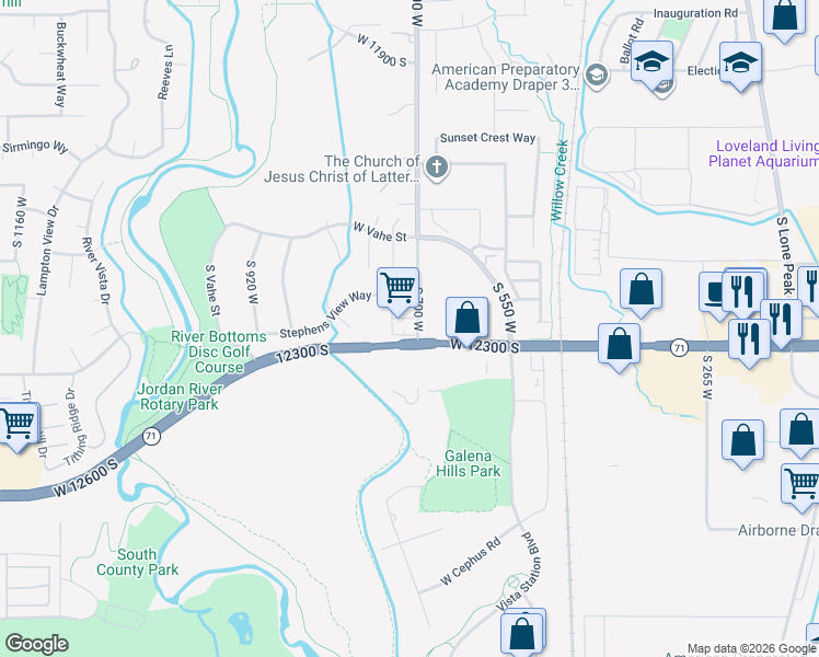 map of restaurants, bars, coffee shops, grocery stores, and more near 704 West 12290 South in Riverton