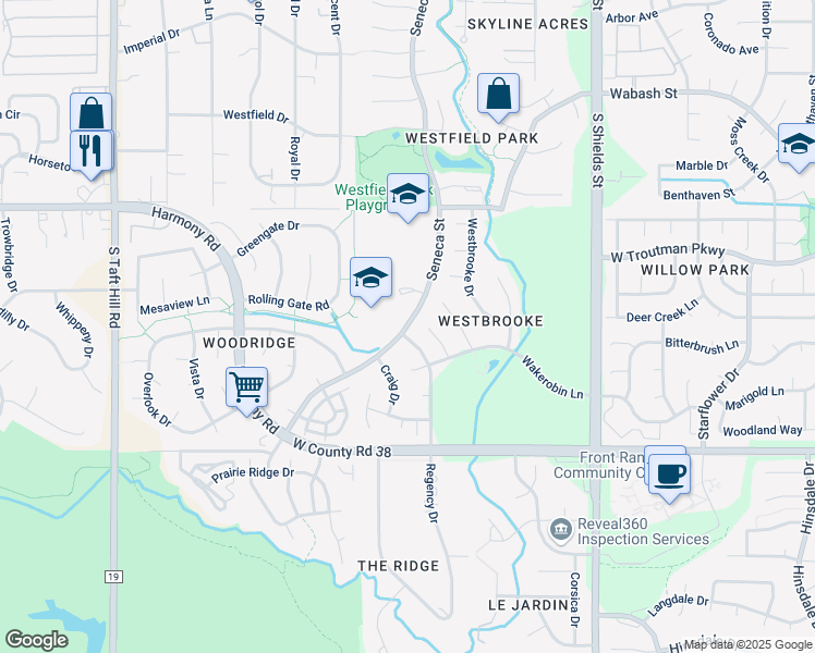 map of restaurants, bars, coffee shops, grocery stores, and more near 4101 Seneca Street in Fort Collins
