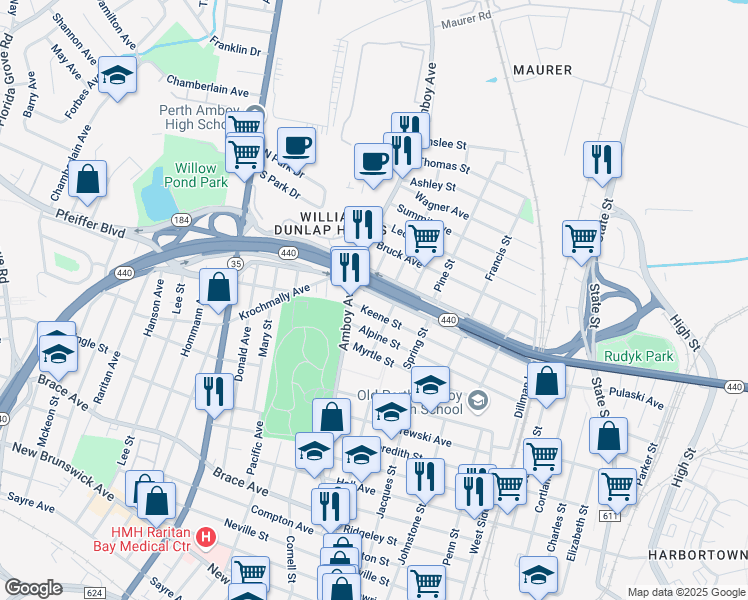 map of restaurants, bars, coffee shops, grocery stores, and more near 434 Keene Street in Perth Amboy