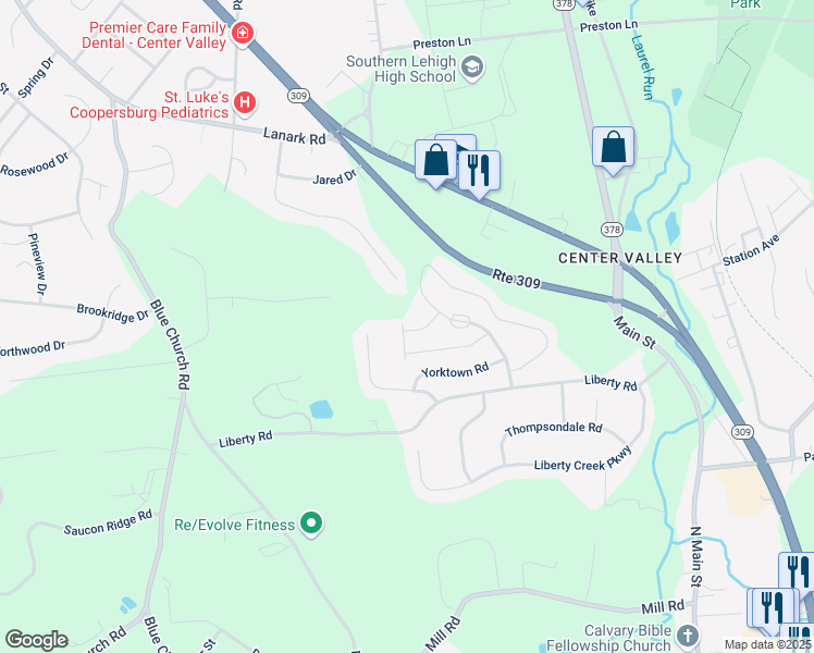 map of restaurants, bars, coffee shops, grocery stores, and more near 5946 Saratoga Lane in Lehigh County