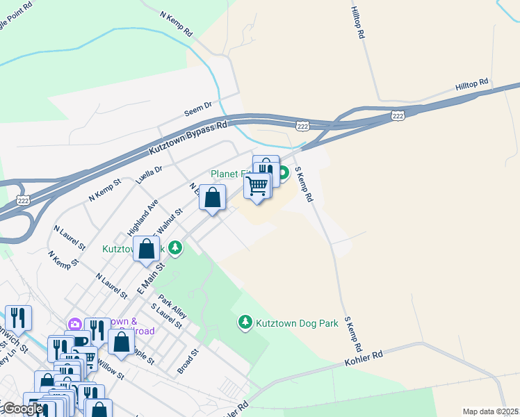map of restaurants, bars, coffee shops, grocery stores, and more near 15260 Kutztown Road in Kutztown