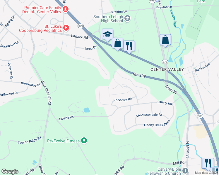 map of restaurants, bars, coffee shops, grocery stores, and more near 5942 Saratoga Lane in Lehigh County