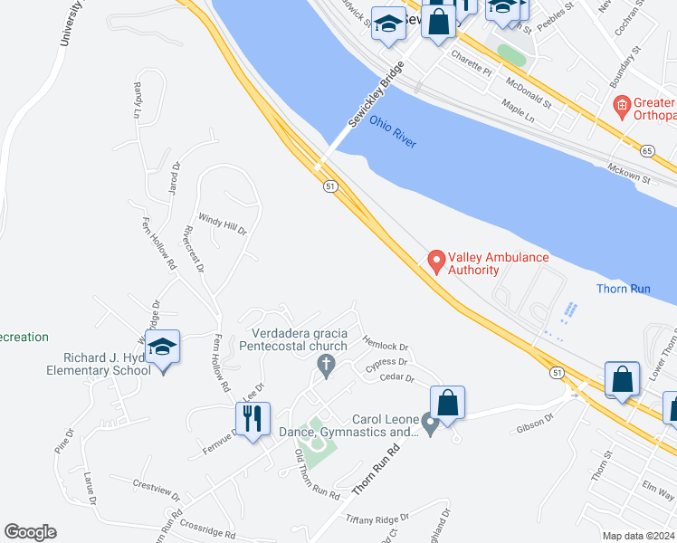 map of restaurants, bars, coffee shops, grocery stores, and more near 1310 Lee Drive in Moon