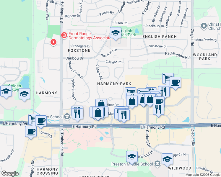 map of restaurants, bars, coffee shops, grocery stores, and more near 2500 East Harmony Road in Fort Collins