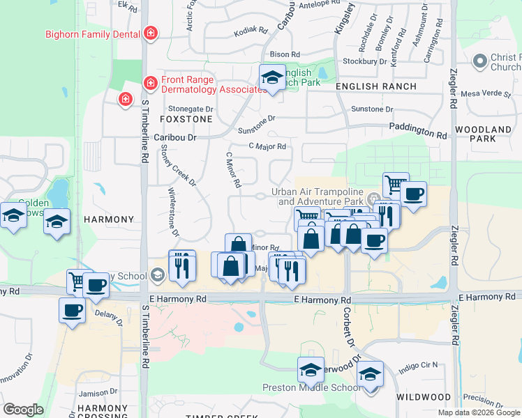 map of restaurants, bars, coffee shops, grocery stores, and more near 2500 East Harmony Road in Fort Collins