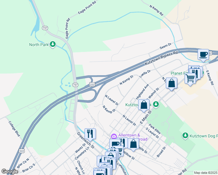 map of restaurants, bars, coffee shops, grocery stores, and more near 428 North Kemp Street in Kutztown