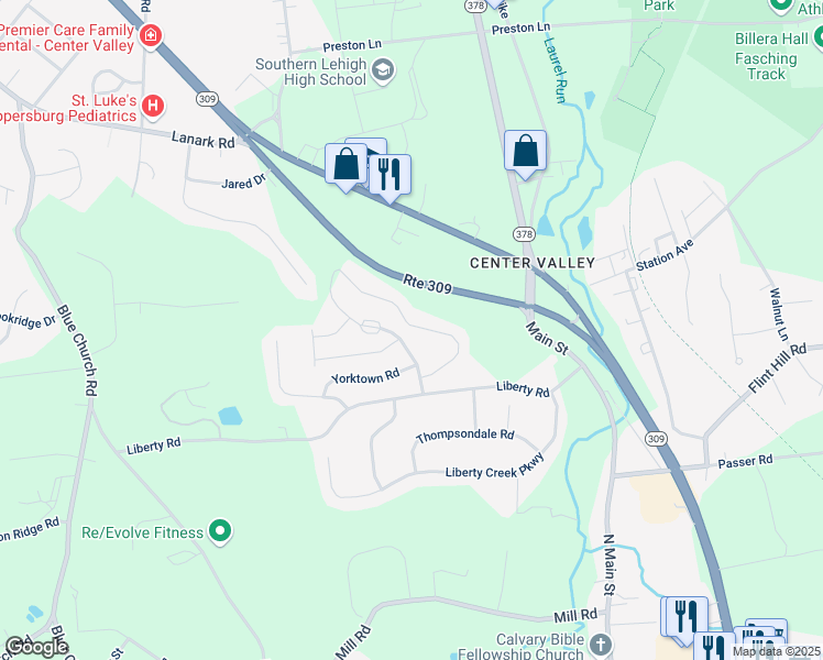 map of restaurants, bars, coffee shops, grocery stores, and more near 6040 Valley Forge Drive in Coopersburg