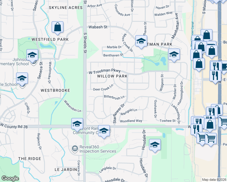 map of restaurants, bars, coffee shops, grocery stores, and more near 830 Bitterbrush Lane in Fort Collins
