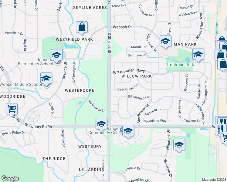 map of restaurants, bars, coffee shops, grocery stores, and more near 1030 Stoneflower Court in Fort Collins