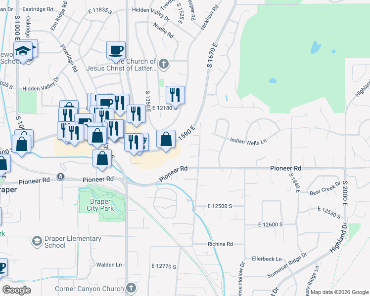 map of restaurants, bars, coffee shops, grocery stores, and more near 12296 South 1565 East in Draper
