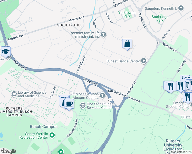 map of restaurants, bars, coffee shops, grocery stores, and more near 49 Orris Avenue in Piscataway