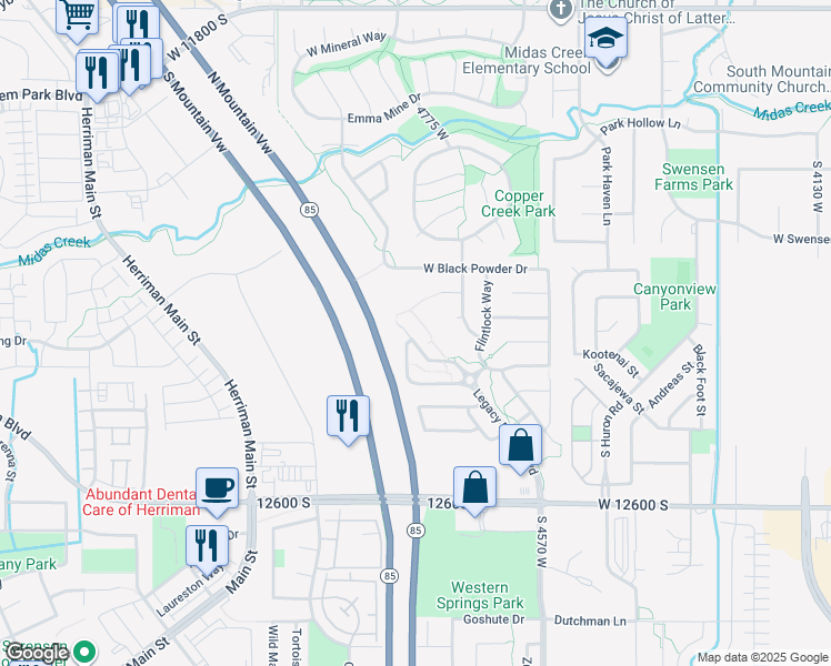 map of restaurants, bars, coffee shops, grocery stores, and more near 4782 Squatter Cove in Herriman