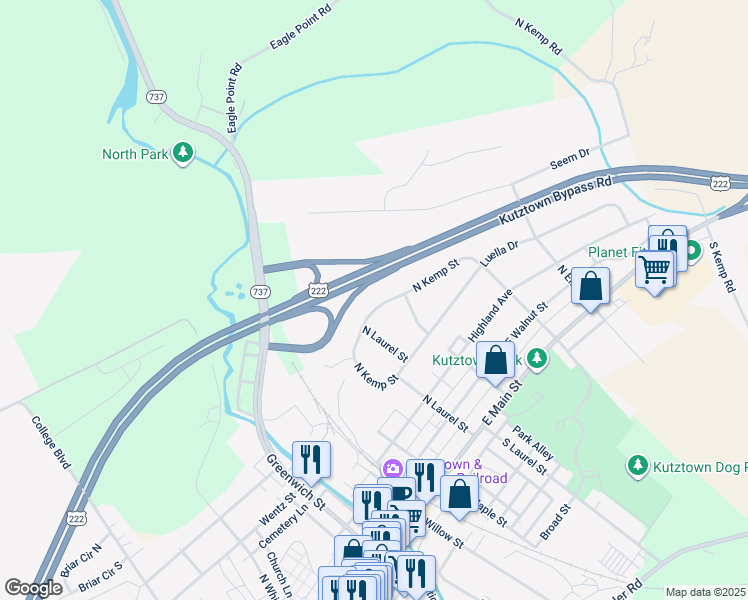 map of restaurants, bars, coffee shops, grocery stores, and more near 428 North Kemp Street in Kutztown