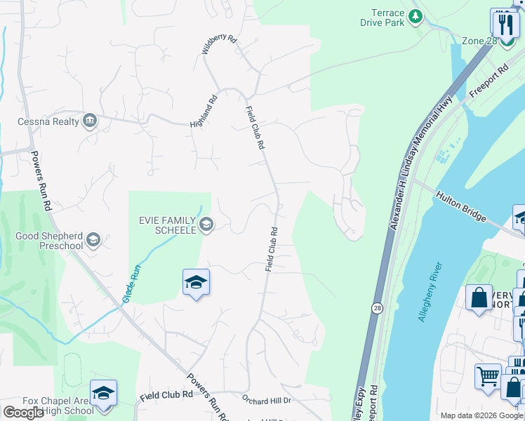 map of restaurants, bars, coffee shops, grocery stores, and more near 606 Woodvalley Drive in Pittsburgh