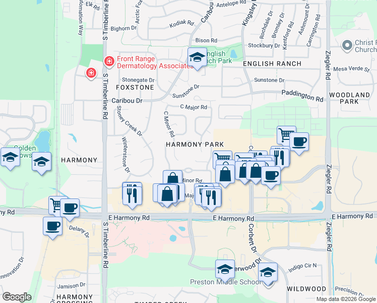map of restaurants, bars, coffee shops, grocery stores, and more near Unnamed Road in Fort Collins