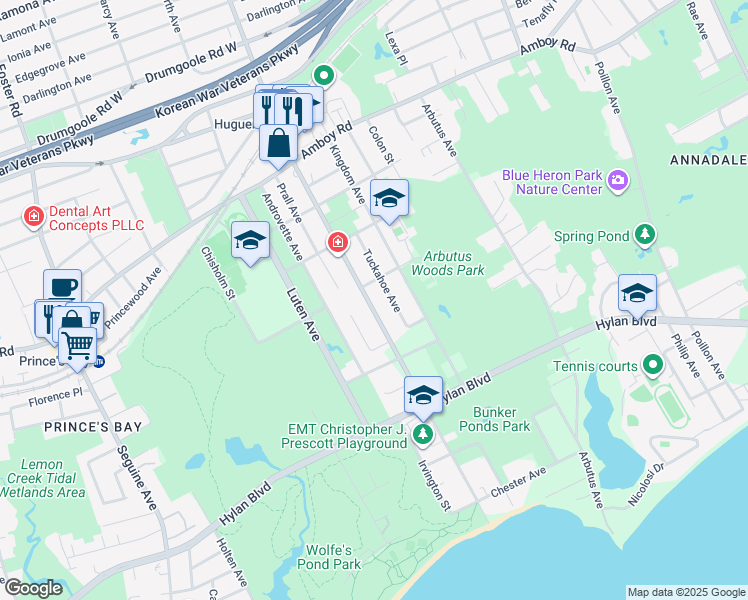 map of restaurants, bars, coffee shops, grocery stores, and more near 1099 Huguenot Avenue in Staten Island