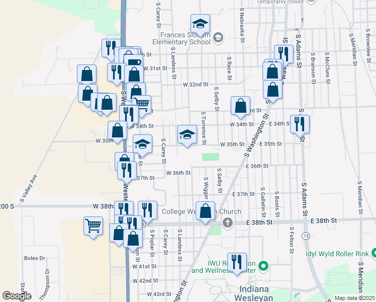 map of restaurants, bars, coffee shops, grocery stores, and more near 3528 South Washington Street in Marion