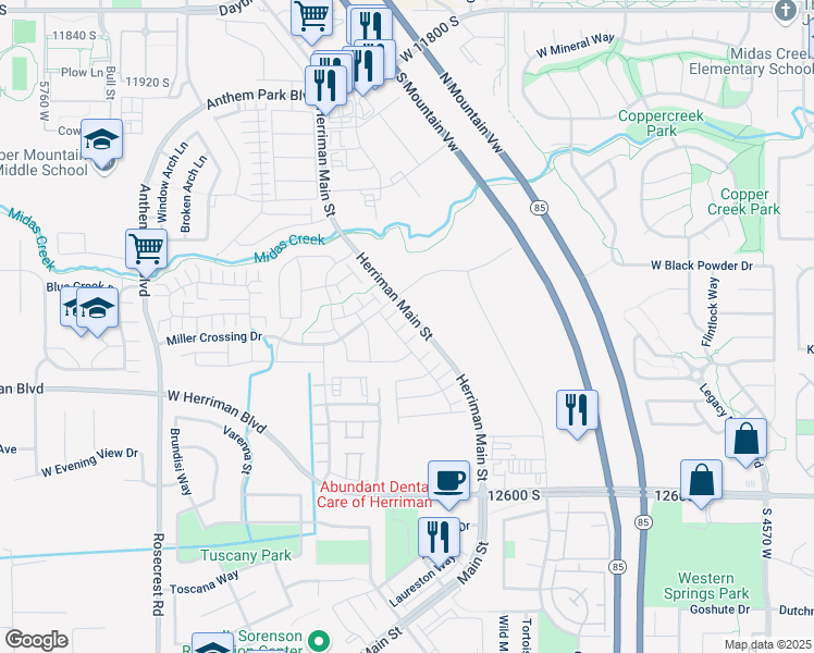 map of restaurants, bars, coffee shops, grocery stores, and more near 5157 West Brioso Court in Herriman