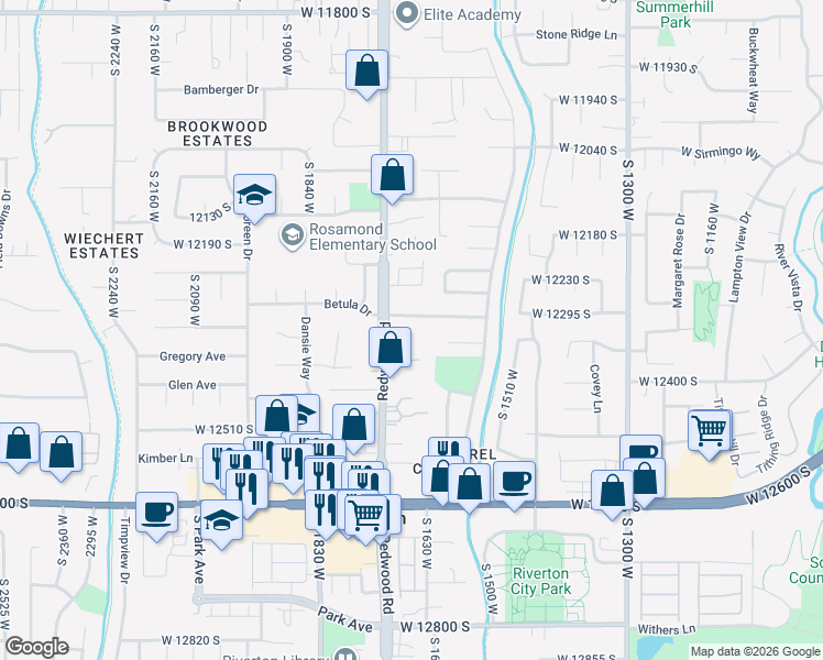 map of restaurants, bars, coffee shops, grocery stores, and more near 12341 South Redwood Road in Riverton