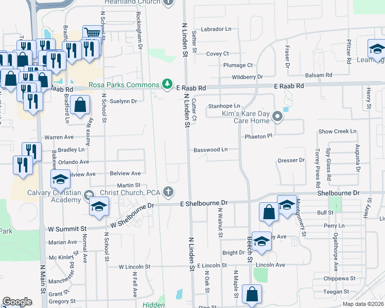map of restaurants, bars, coffee shops, grocery stores, and more near 1430 North Linden Street in Normal