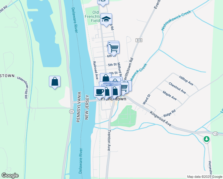 map of restaurants, bars, coffee shops, grocery stores, and more near 23 2nd Street in Frenchtown