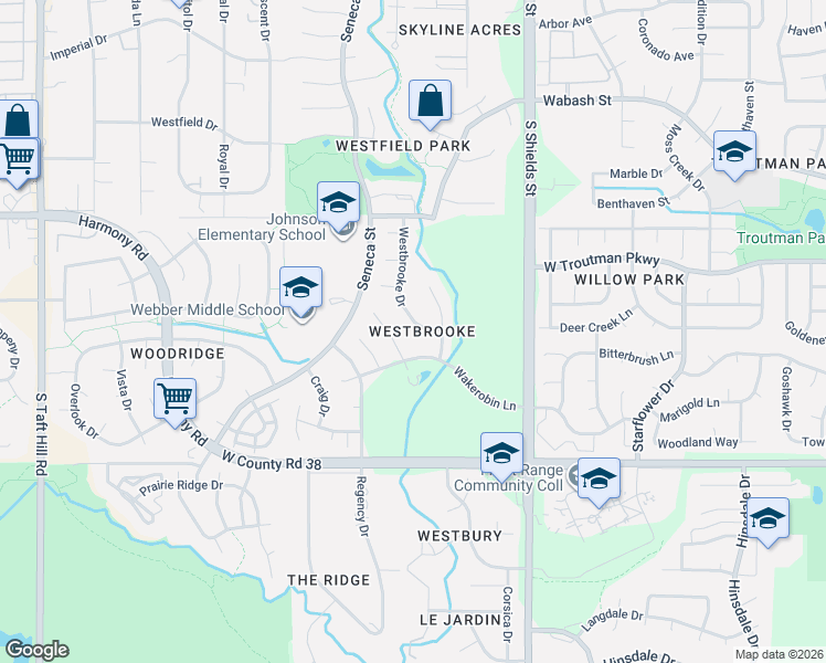 map of restaurants, bars, coffee shops, grocery stores, and more near 4333 Westbrooke Drive in Fort Collins