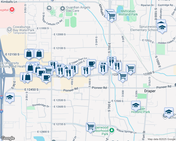 map of restaurants, bars, coffee shops, grocery stores, and more near 615 East 12300 South in Draper