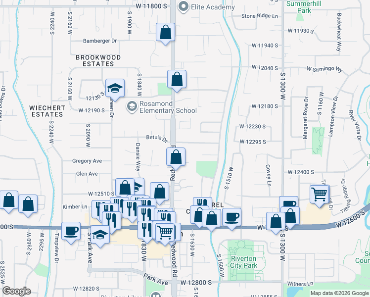 map of restaurants, bars, coffee shops, grocery stores, and more near 12341 South Redwood Road in Riverton