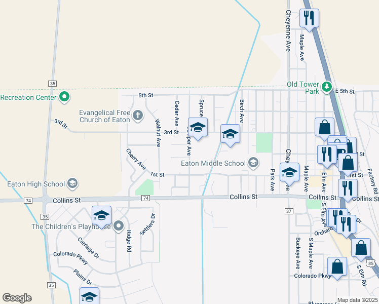 map of restaurants, bars, coffee shops, grocery stores, and more near 225 Juniper Avenue in Eaton