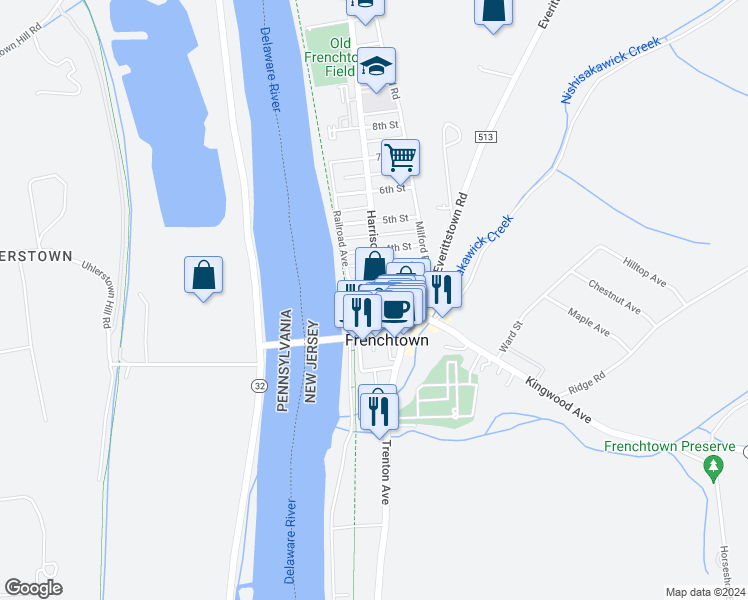 map of restaurants, bars, coffee shops, grocery stores, and more near 13 2nd Street in Frenchtown