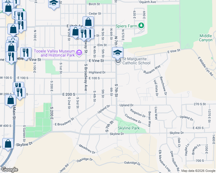map of restaurants, bars, coffee shops, grocery stores, and more near 154 6th Street in Tooele