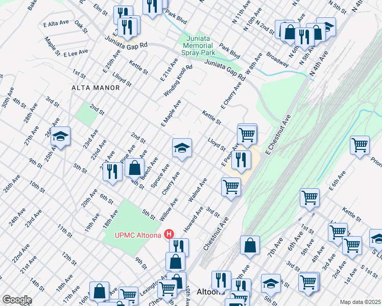 map of restaurants, bars, coffee shops, grocery stores, and more near 110 Cherry Avenue in Altoona