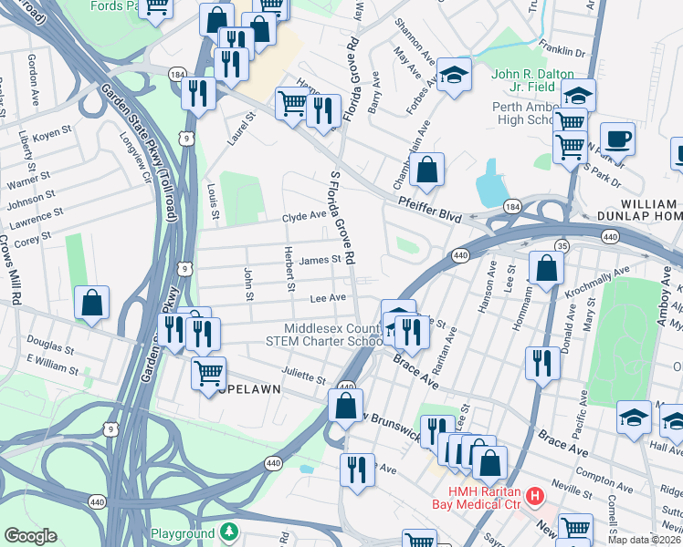 map of restaurants, bars, coffee shops, grocery stores, and more near 6 Worden Avenue in Perth Amboy
