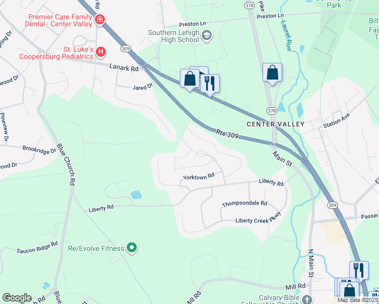 map of restaurants, bars, coffee shops, grocery stores, and more near 4117 Bunker Hill Drive North in Coopersburg