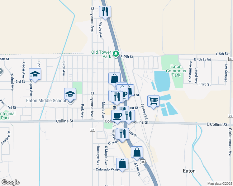 map of restaurants, bars, coffee shops, grocery stores, and more near 125 2nd Street in Eaton