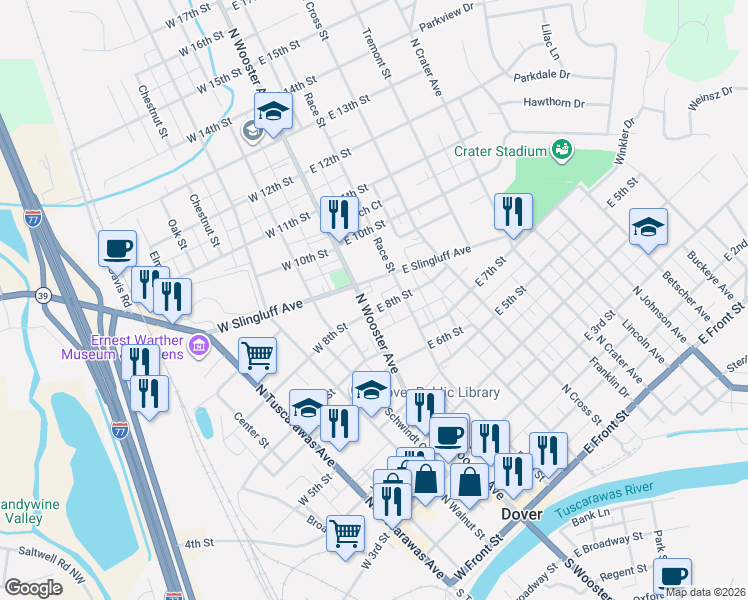 map of restaurants, bars, coffee shops, grocery stores, and more near 735 North Wooster Avenue in Dover