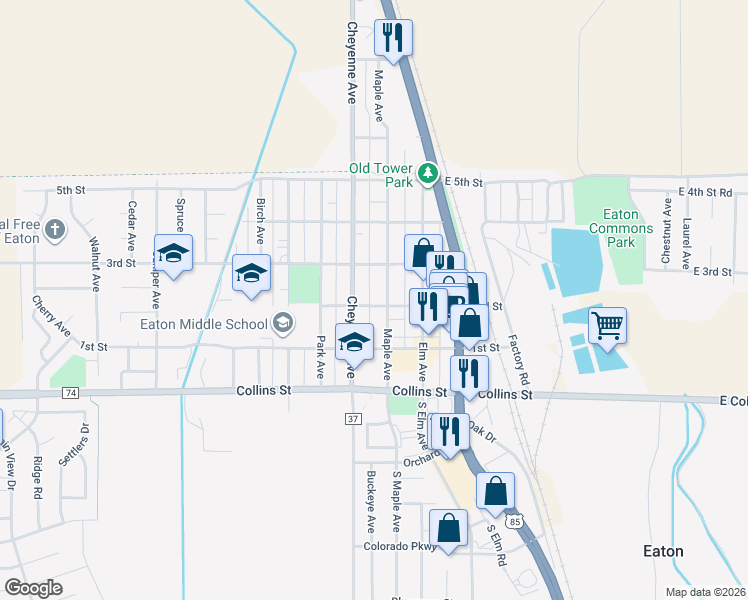 map of restaurants, bars, coffee shops, grocery stores, and more near 124 Maple Avenue in Eaton
