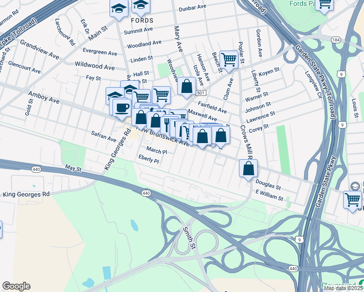 map of restaurants, bars, coffee shops, grocery stores, and more near 36 Paul Street in Woodbridge Township