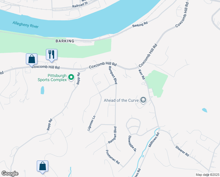 map of restaurants, bars, coffee shops, grocery stores, and more near 136 Duquesne Boulevard in New Kensington