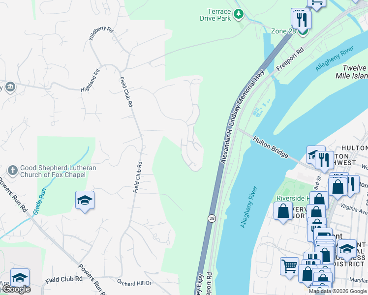 map of restaurants, bars, coffee shops, grocery stores, and more near 165 Shadow Ridge Drive in Pittsburgh