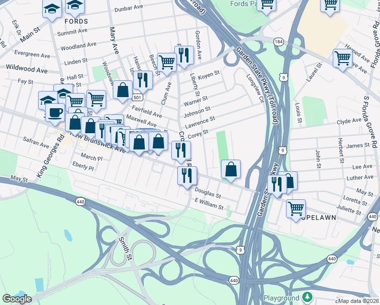 map of restaurants, bars, coffee shops, grocery stores, and more near 422 Crows Mill Road in Woodbridge Township