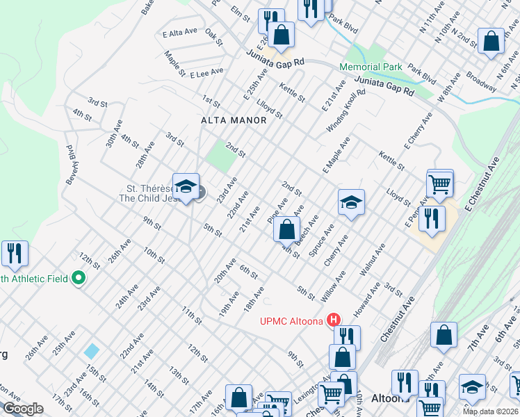map of restaurants, bars, coffee shops, grocery stores, and more near 329-31 21st Ave in Altoona